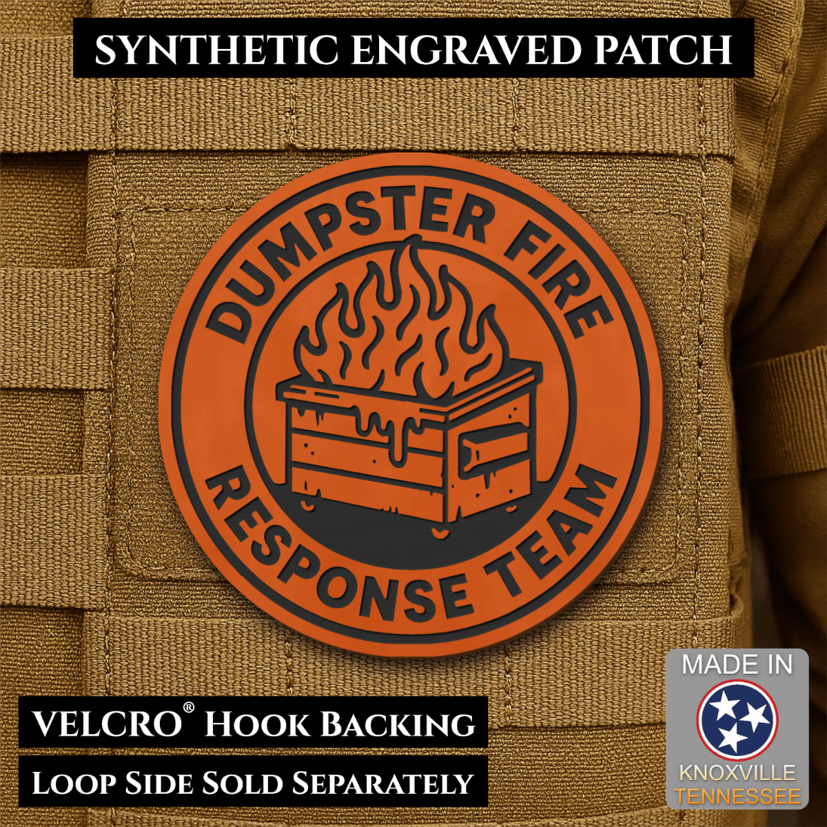 Front design and hook backing of Dumpster Fire Response Team patch in orange with a black flaming dumpster illustration and lettering