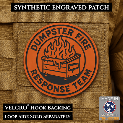 Front design and hook backing of Dumpster Fire Response Team patch in orange with a black flaming dumpster illustration and lettering