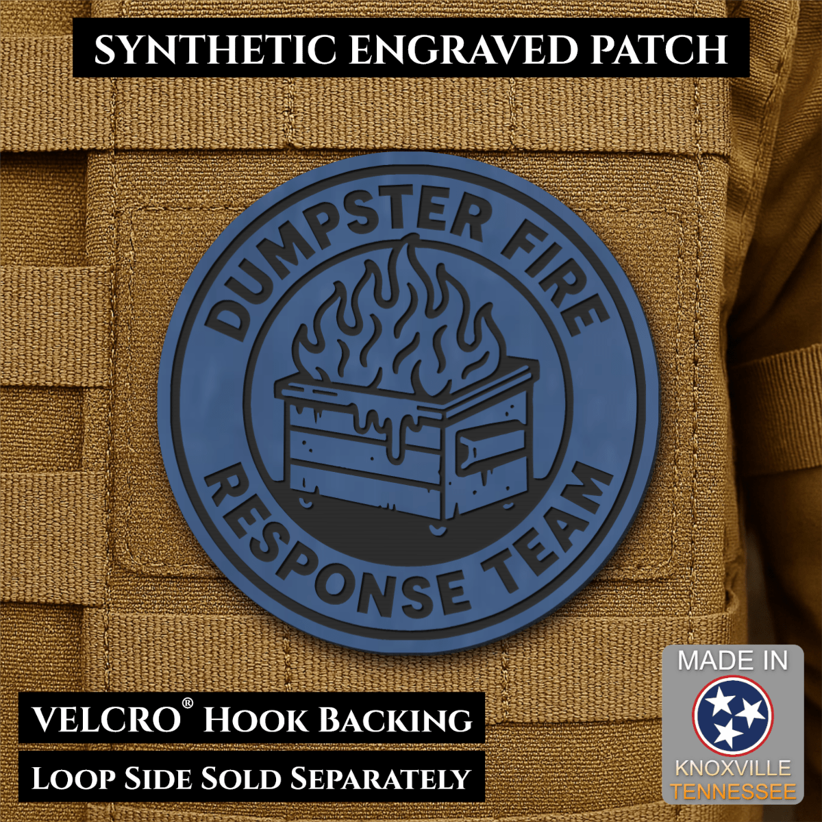 Front design and hook backing of Dumpster Fire Response Team patch in indigo blue with black design