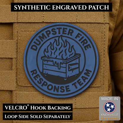 Front design and hook backing of Dumpster Fire Response Team patch in indigo blue with black design