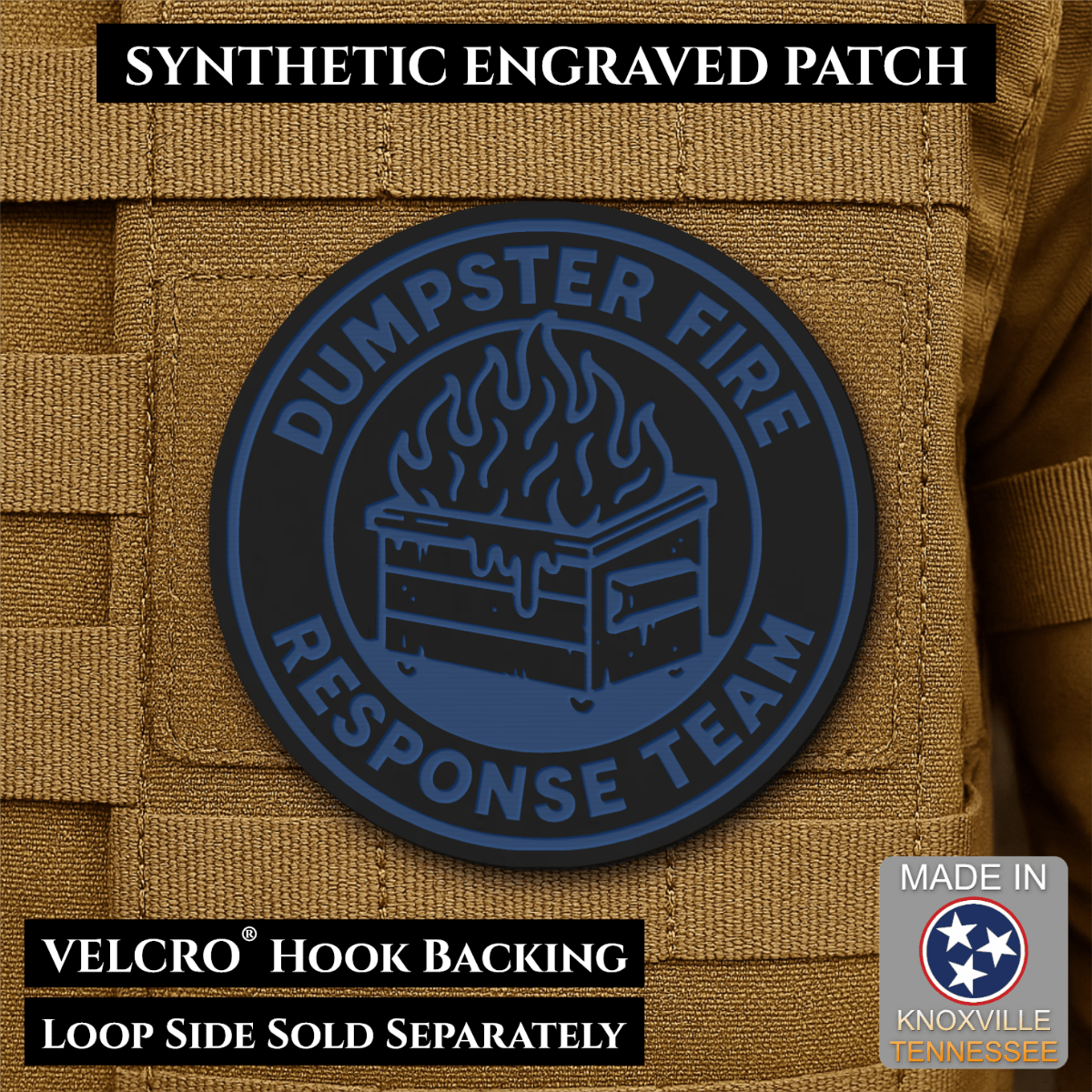 Front design and hook backing of Dumpster Fire Response Team patch in black with blue design