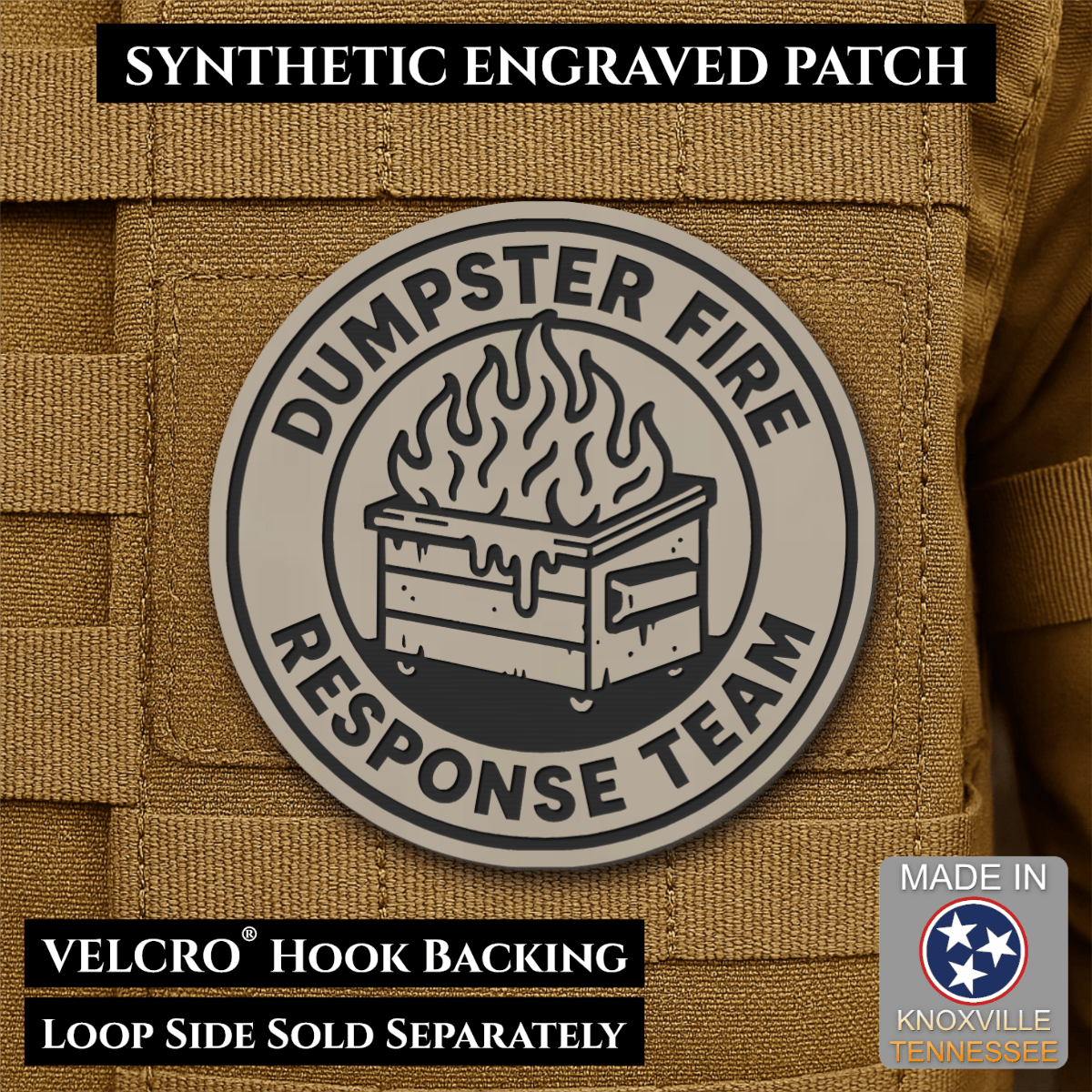 Front design and hook backing of Dumpster Fire Response Team patch in light tan with black design