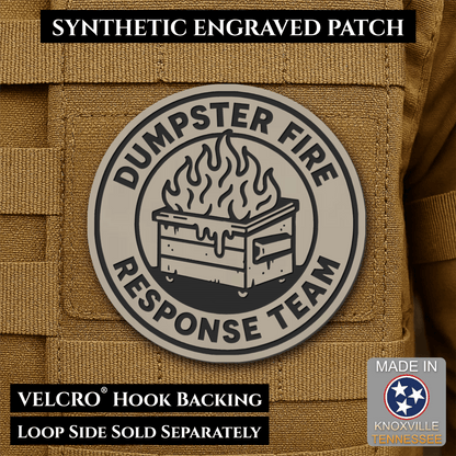 Front design and hook backing of Dumpster Fire Response Team patch in light tan with black design