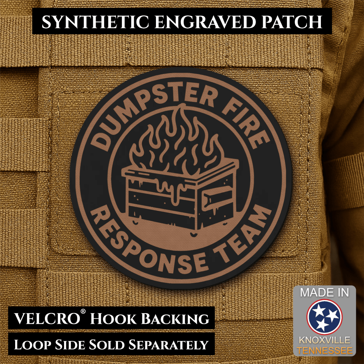 Front design and hook backing of Dumpster Fire Response Team patch in black with copper design