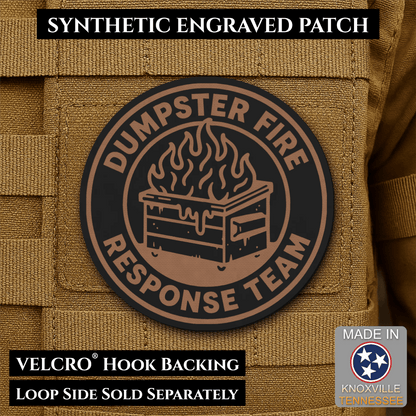 Front design and hook backing of Dumpster Fire Response Team patch in black with copper design