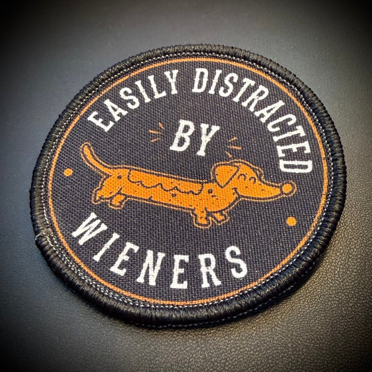 Easily Distracted by Wieners Dachshund Printed Patch, 3" Round | VELCRO® Brand Hook Backing - #LoneStar Adhesive#