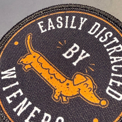 Easily Distracted by Wieners Dachshund Printed Patch, 3" Round | VELCRO® Brand Hook Backing - #LoneStar Adhesive#