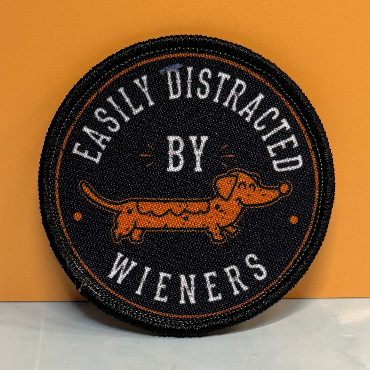 Easily Distracted by Wieners Dachshund Printed Patch, 3" Round | VELCRO® Brand Hook Backing - #LoneStar Adhesive#