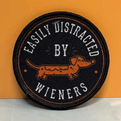 Easily Distracted by Wieners Dachshund Printed Patch, 3" Round | VELCRO® Brand Hook Backing - #LoneStar Adhesive#