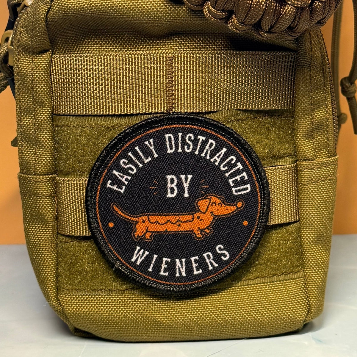 Easily Distracted by Wieners Dachshund Printed Patch, 3" Round | VELCRO® Brand Hook Backing - #LoneStar Adhesive#