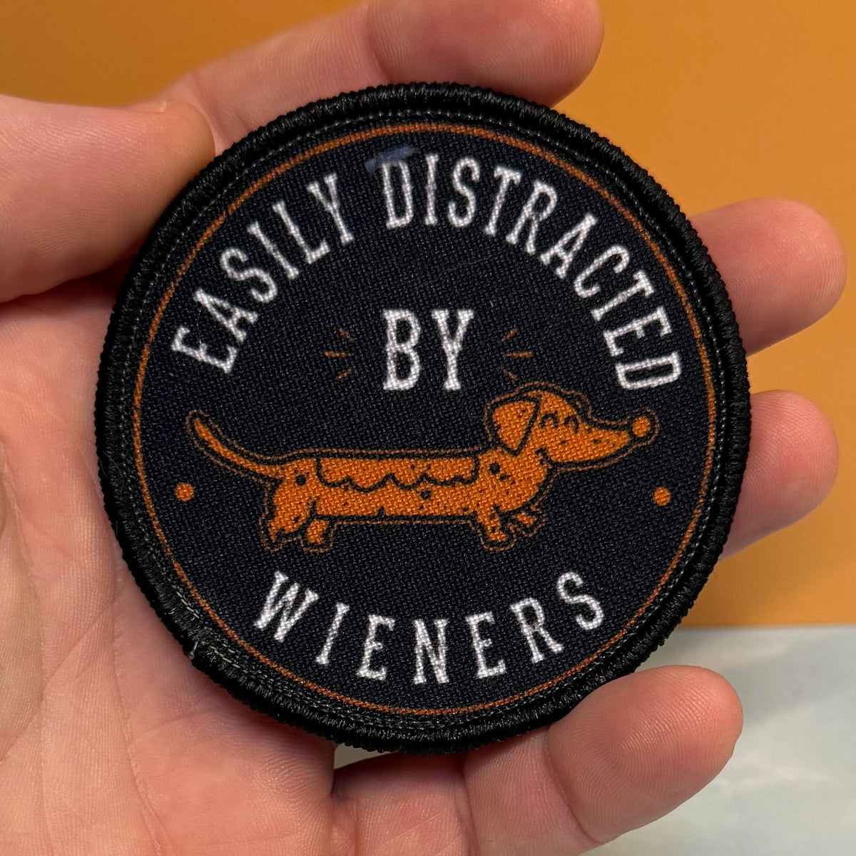 Easily Distracted by Wieners Dachshund Printed Patch, 3" Round | VELCRO® Brand Hook Backing - #LoneStar Adhesive#
