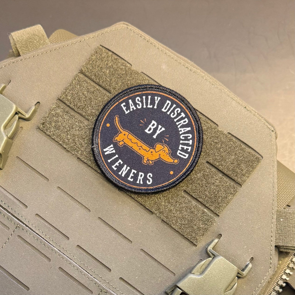Easily Distracted by Wieners Dachshund Printed Patch, 3" Round | VELCRO® Brand Hook Backing - #LoneStar Adhesive#