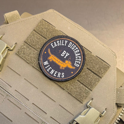 Easily Distracted by Wieners Dachshund Printed Patch, 3" Round | VELCRO® Brand Hook Backing - #LoneStar Adhesive#