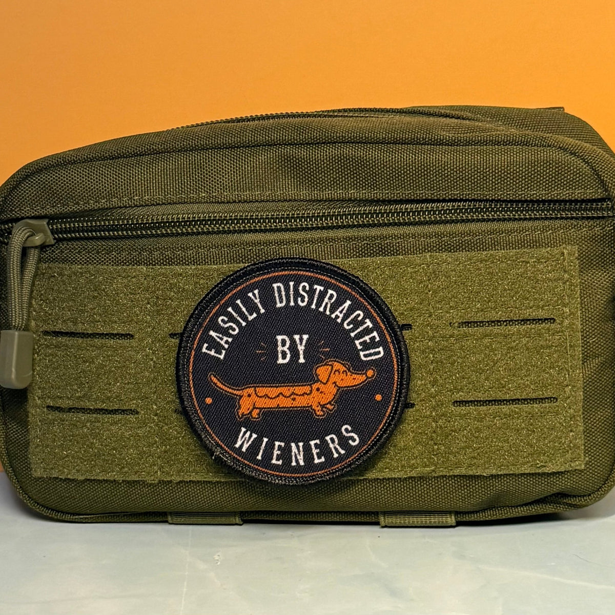 Easily Distracted by Wieners Dachshund Printed Patch, 3" Round | VELCRO® Brand Hook Backing - #LoneStar Adhesive#