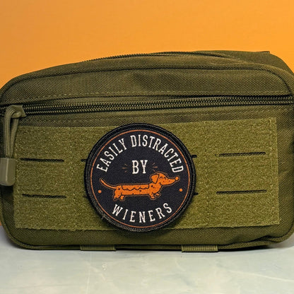 Easily Distracted by Wieners Dachshund Printed Patch, 3" Round | VELCRO® Brand Hook Backing - #LoneStar Adhesive#