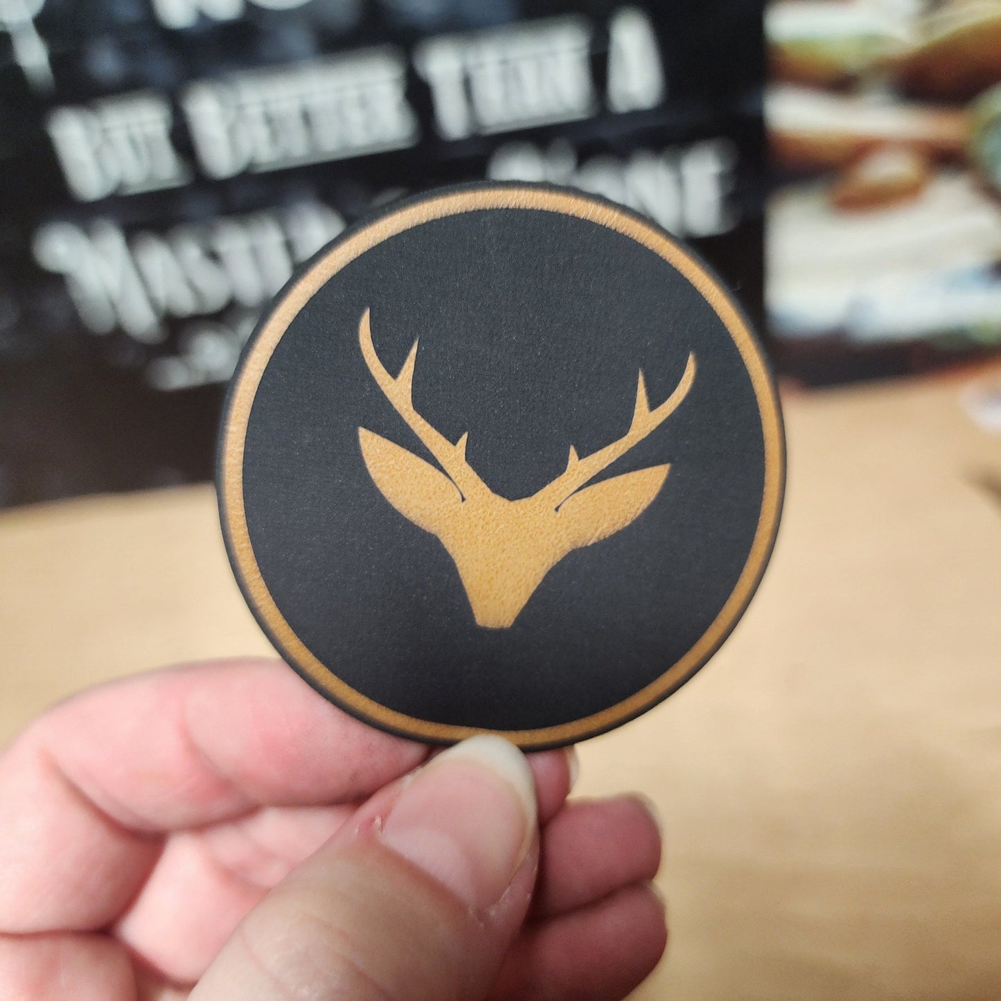 Elegant Stag Silhouette (Saddle Tan) Engraved Leatherette Hat Patch - MR01 - LoneStar Adhesive