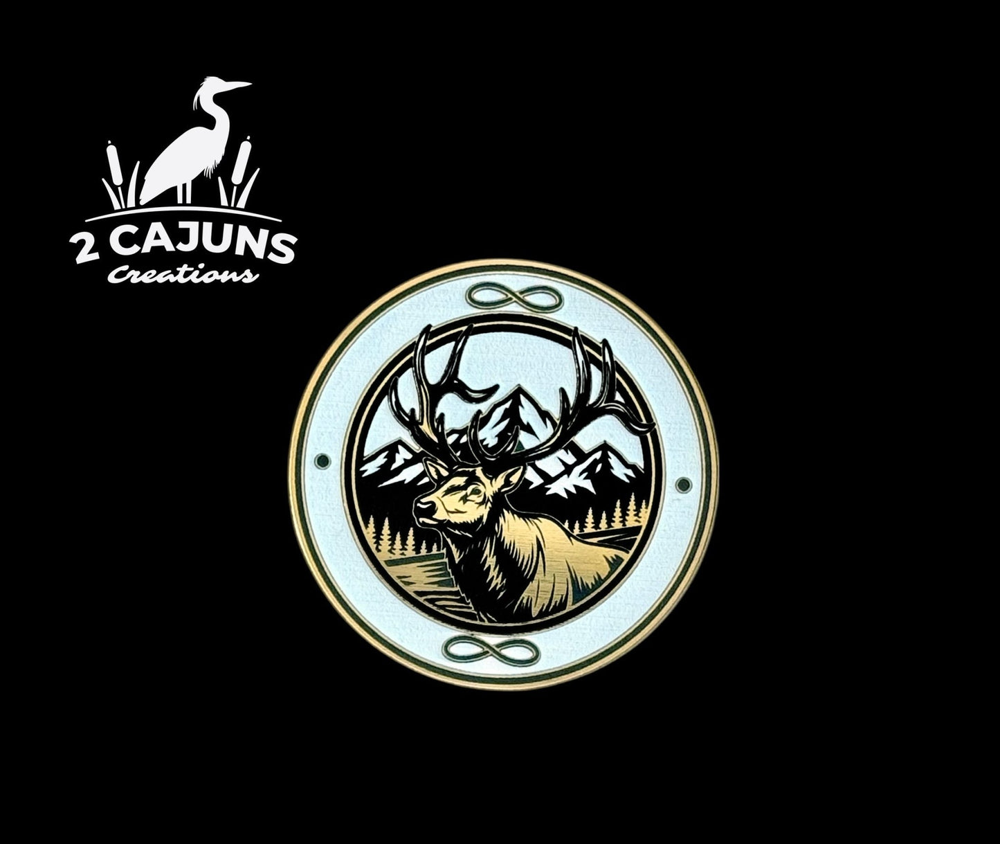 Elk with Mountain Backdrop Gold Black White Acrylic Hat Patch - LoneStar Adhesive