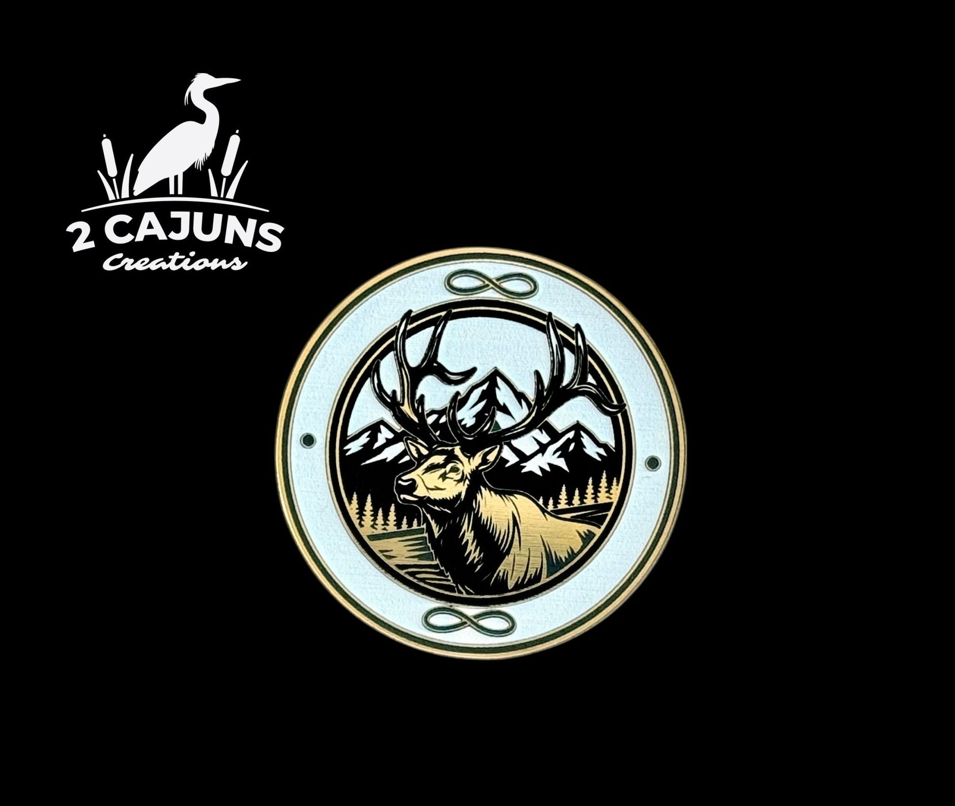 Elk with Mountain Backdrop Gold Black White Acrylic Hat Patch - LoneStar Adhesive