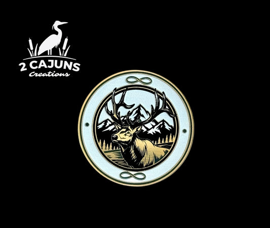 Elk with Mountain Backdrop Gold Black White Acrylic Hat Patch - LoneStar Adhesive