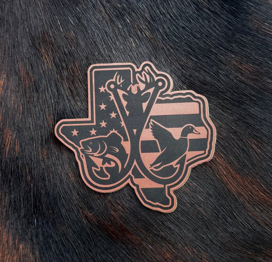 Engraved Texas American Flag Hunting and Fishing Trifecta Patch - LoneStar Adhesive