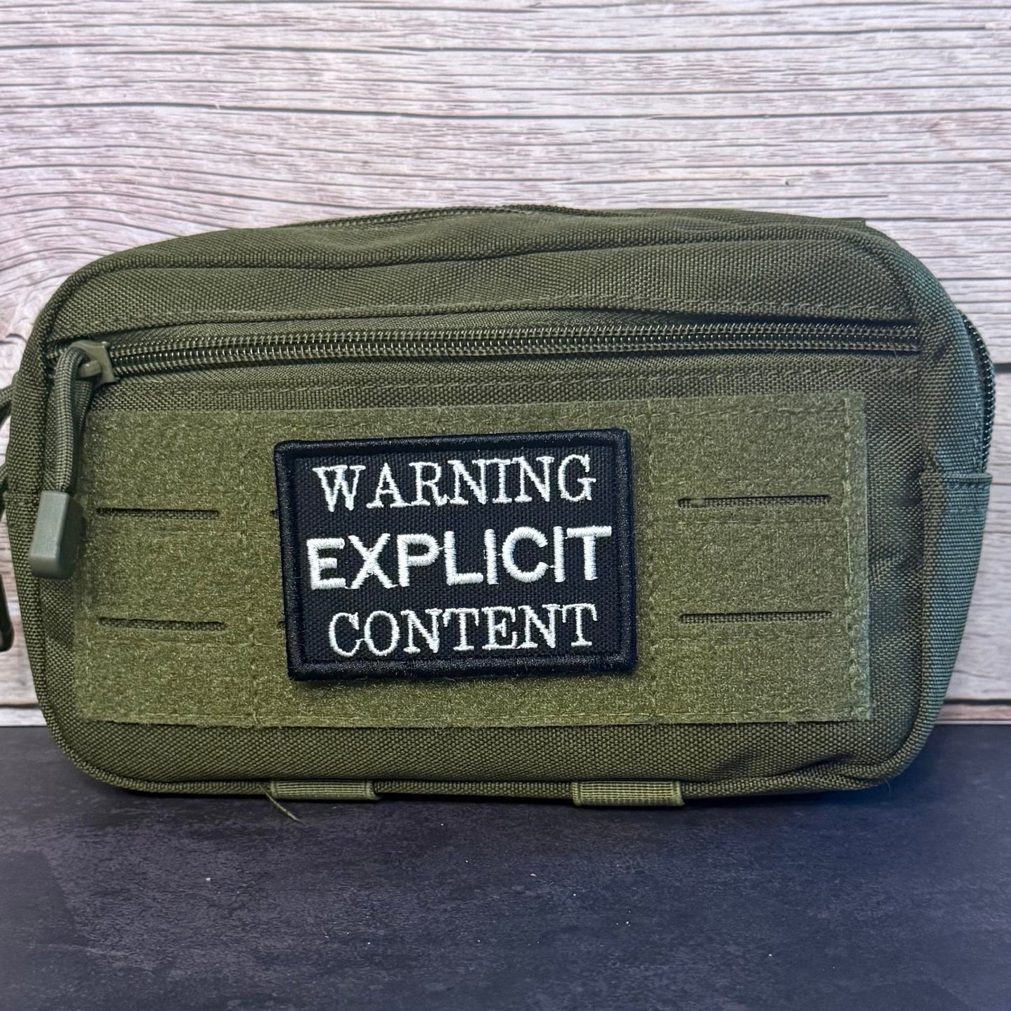 Explicit Content Warning Funny Morale Patch, 2x3" | Made in USA | VELCRO® Brand Hook Backing - LoneStar Adhesive