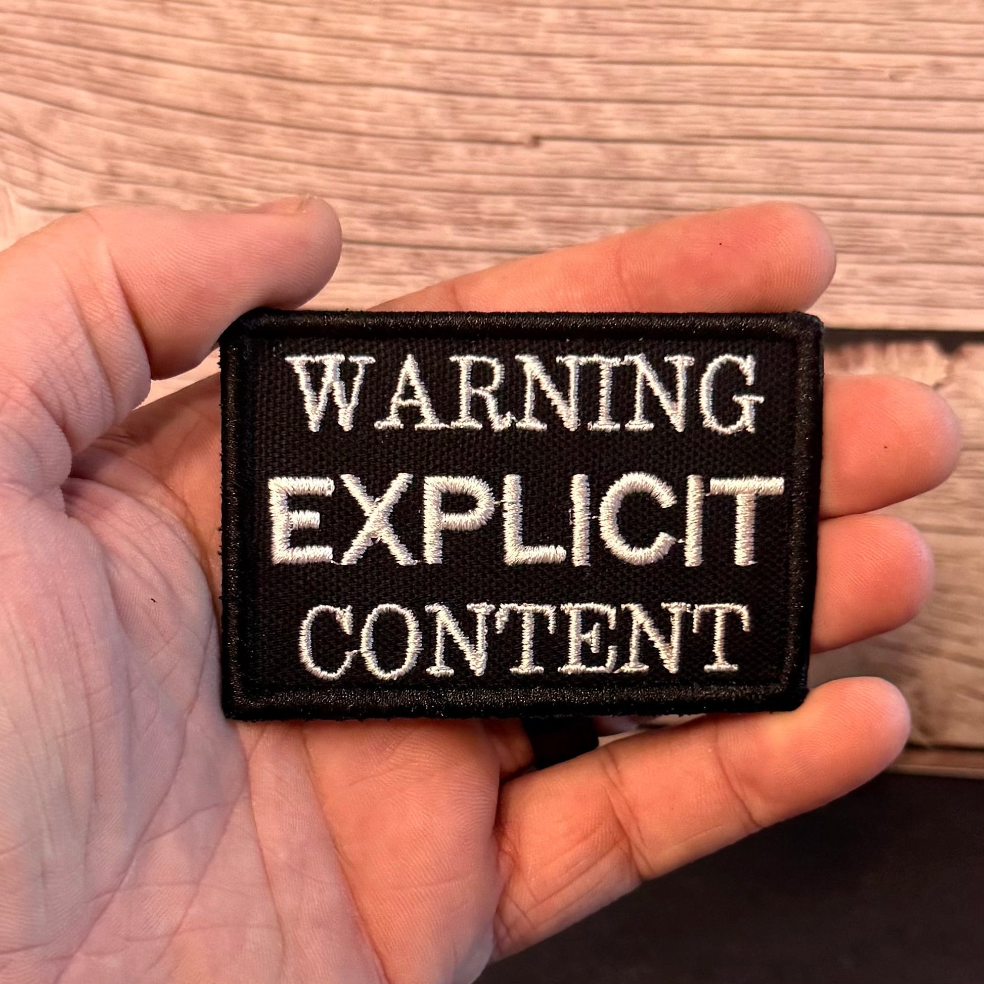 Explicit Content Warning Funny Morale Patch, 2x3" | Made in USA | VELCRO® Brand Hook Backing - LoneStar Adhesive