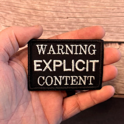 Explicit Content Warning Funny Morale Patch, 2x3" | Made in USA | VELCRO® Brand Hook Backing - LoneStar Adhesive