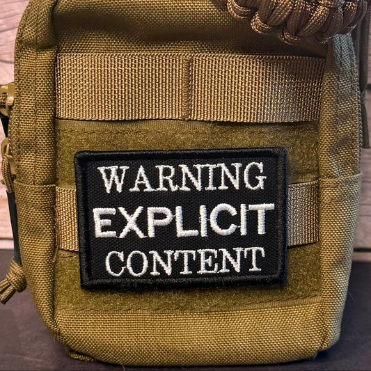 Explicit Content Warning Funny Morale Patch, 2x3" | Made in USA | VELCRO® Brand Hook Backing - LoneStar Adhesive