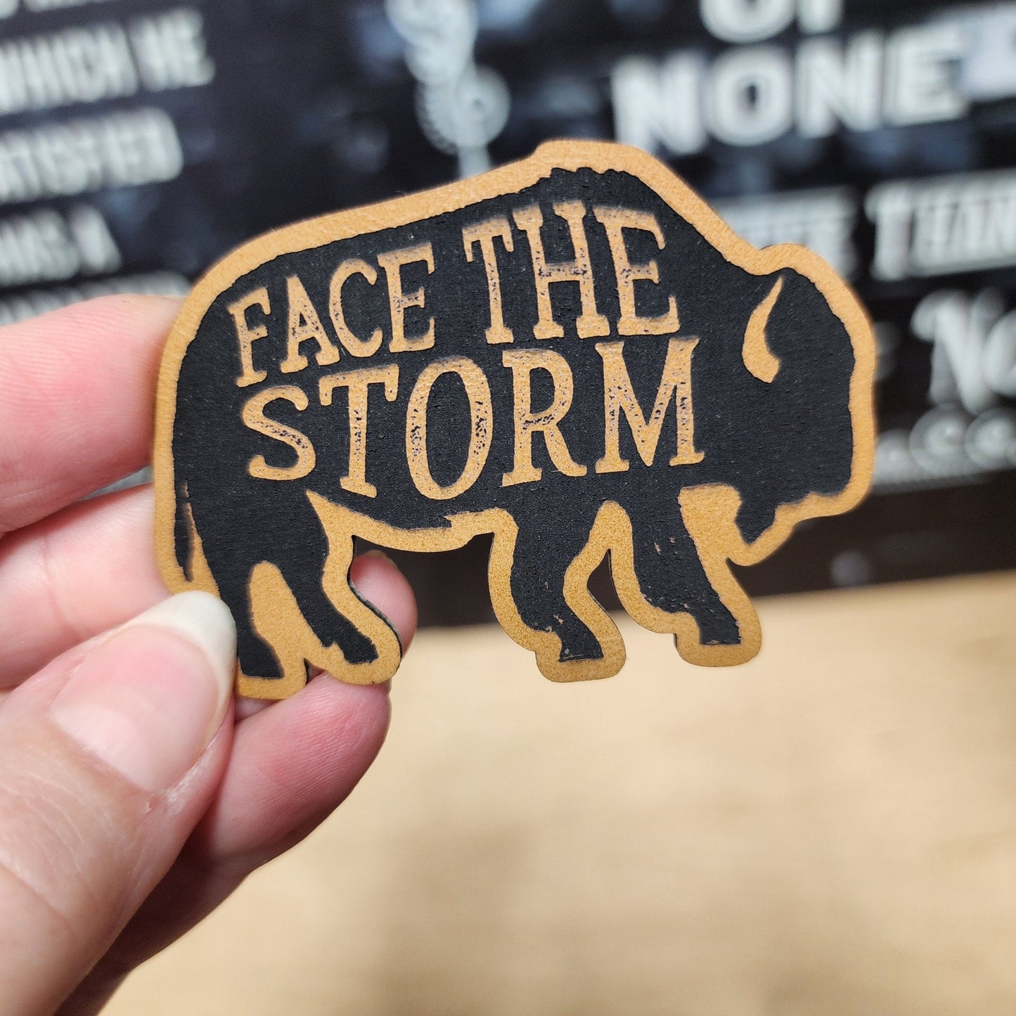Face the Storm Buffalo (Saddle Tan) UV Printed Leatherette Hat Patch - MR01 - LoneStar Adhesive