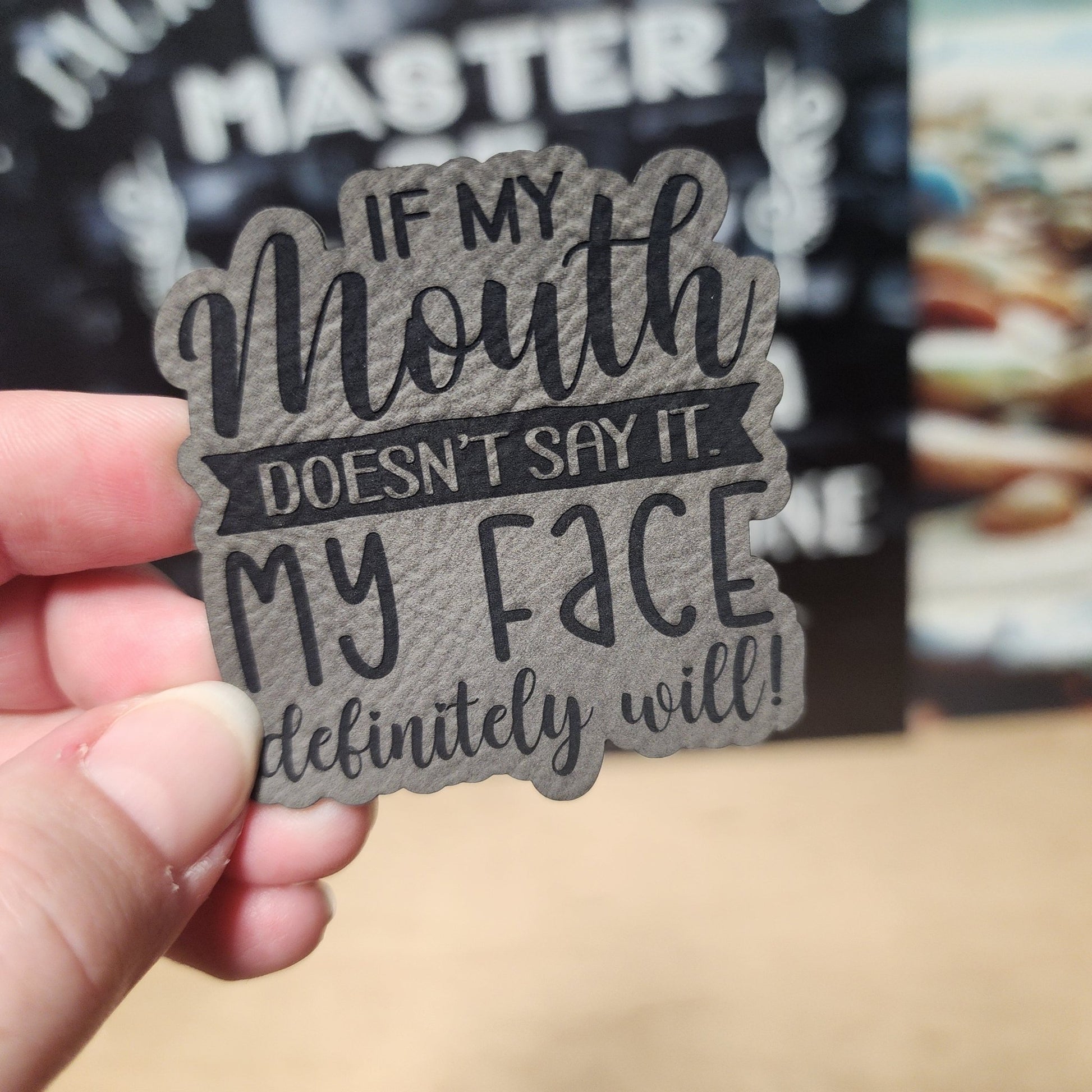 Facial Expressions Speak Loudly (Grey) Engraved Leatherette Hat Patch - MR01 - LoneStar Adhesive