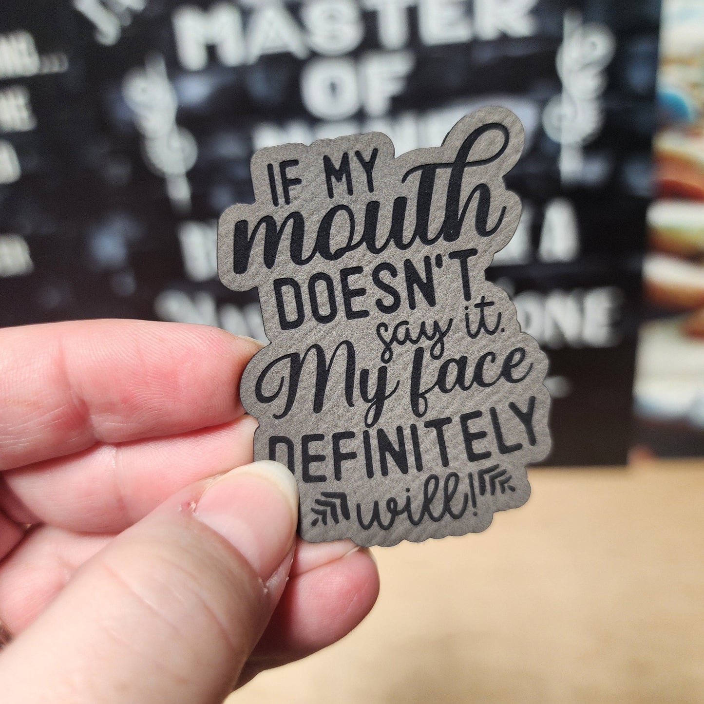 Facial Expressions Speak Volumes (Grey) Engraved Leatherette Hat Patch - MR01 - LoneStar Adhesive