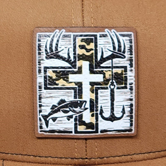 Faith and Outdoor Cross UV Printed Leatherette Hat Patch - MR01 - LoneStar Adhesive