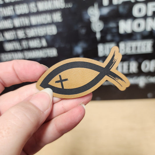 Faith Symbol Fish (Saddle Tan) Engraved Leatherette Hat Patch - MR01 - LoneStar Adhesive