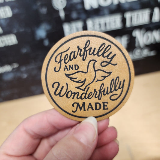 Fearfully and Wonderfully Made (Saddle Tan) Engraved Leatherette Hat Patch - MR01 - LoneStar Adhesive