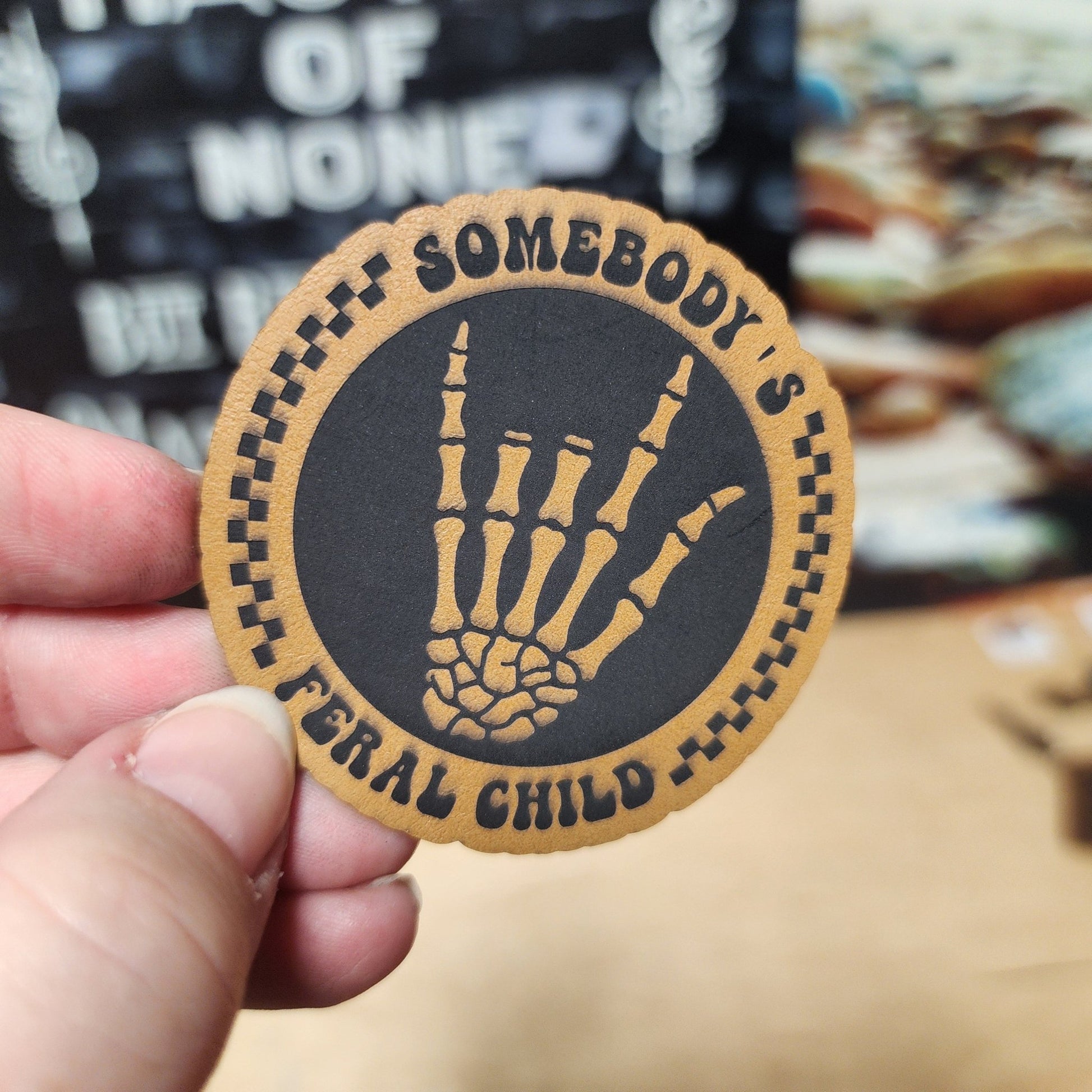 Feral Child Skeleton (Saddle Tan) Engraved Leatherette Hat Patch - MR01 - LoneStar Adhesive