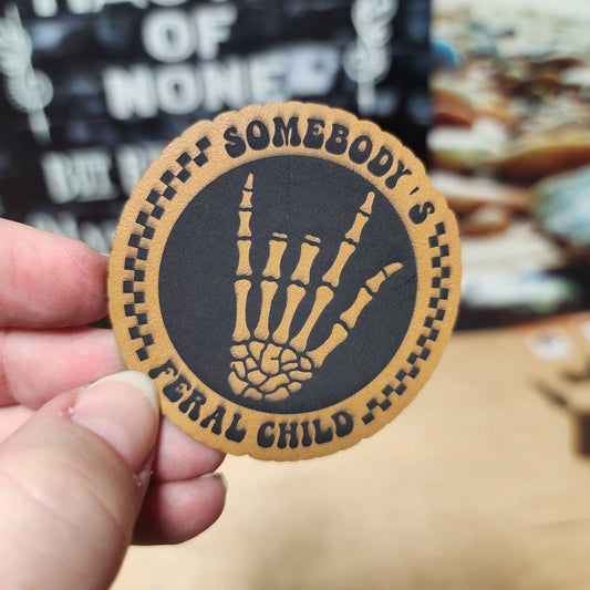 Feral Child Skeleton (Saddle Tan) Engraved Leatherette Hat Patch - MR01 - LoneStar Adhesive