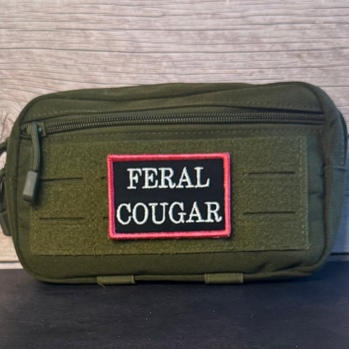 Feral Cougar Funny Morale Patch, 2x3" | Made in USA | VELCRO® Brand Hook Backing - LoneStar Adhesive