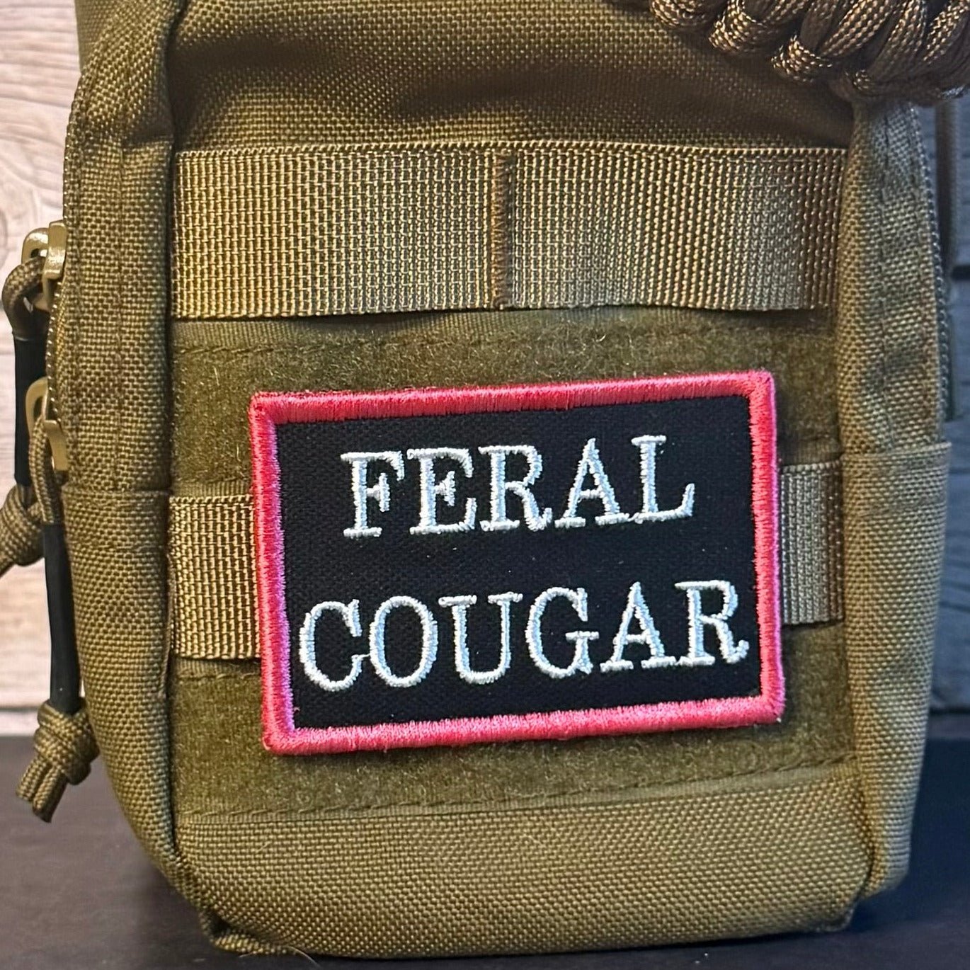 Feral Cougar Funny Morale Patch, 2x3" | Made in USA | VELCRO® Brand Hook Backing - LoneStar Adhesive