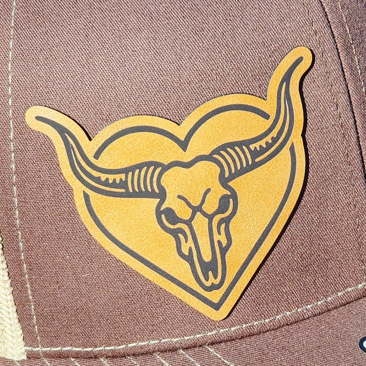Heart-Shaped Bull Skull Engraved Leatherette Hat Patch - MR01