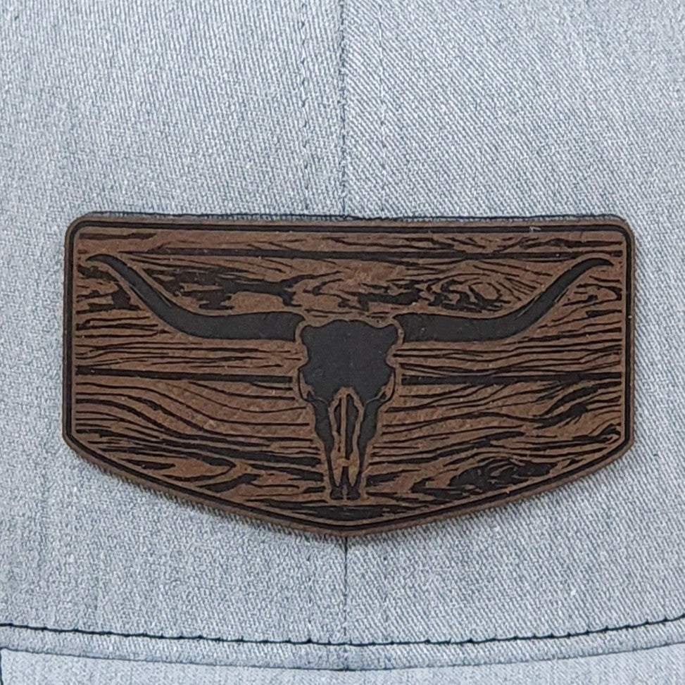 Rustic Longhorn Skull  Engraved Leatherette Hat Patch - MR01