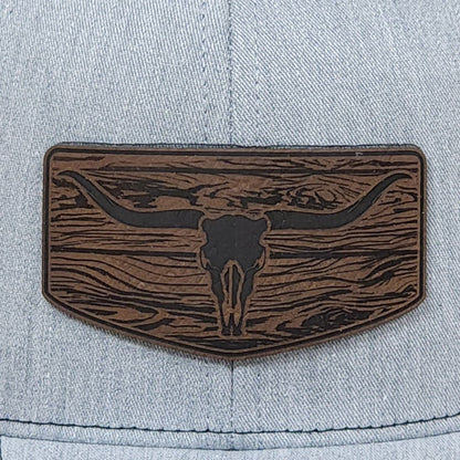Rustic Longhorn Skull  Engraved Leatherette Hat Patch - MR01