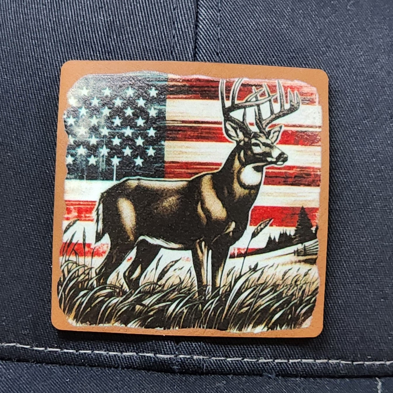 Deer American Flag UV Printed Leatherette Hat Patch - MR01