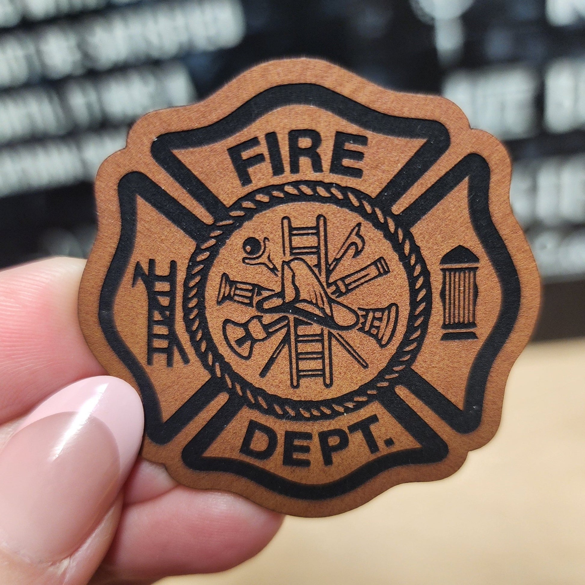 Fire Department Emblem Engraved Leatherette Hat Patch - MR01 - LoneStar Adhesive