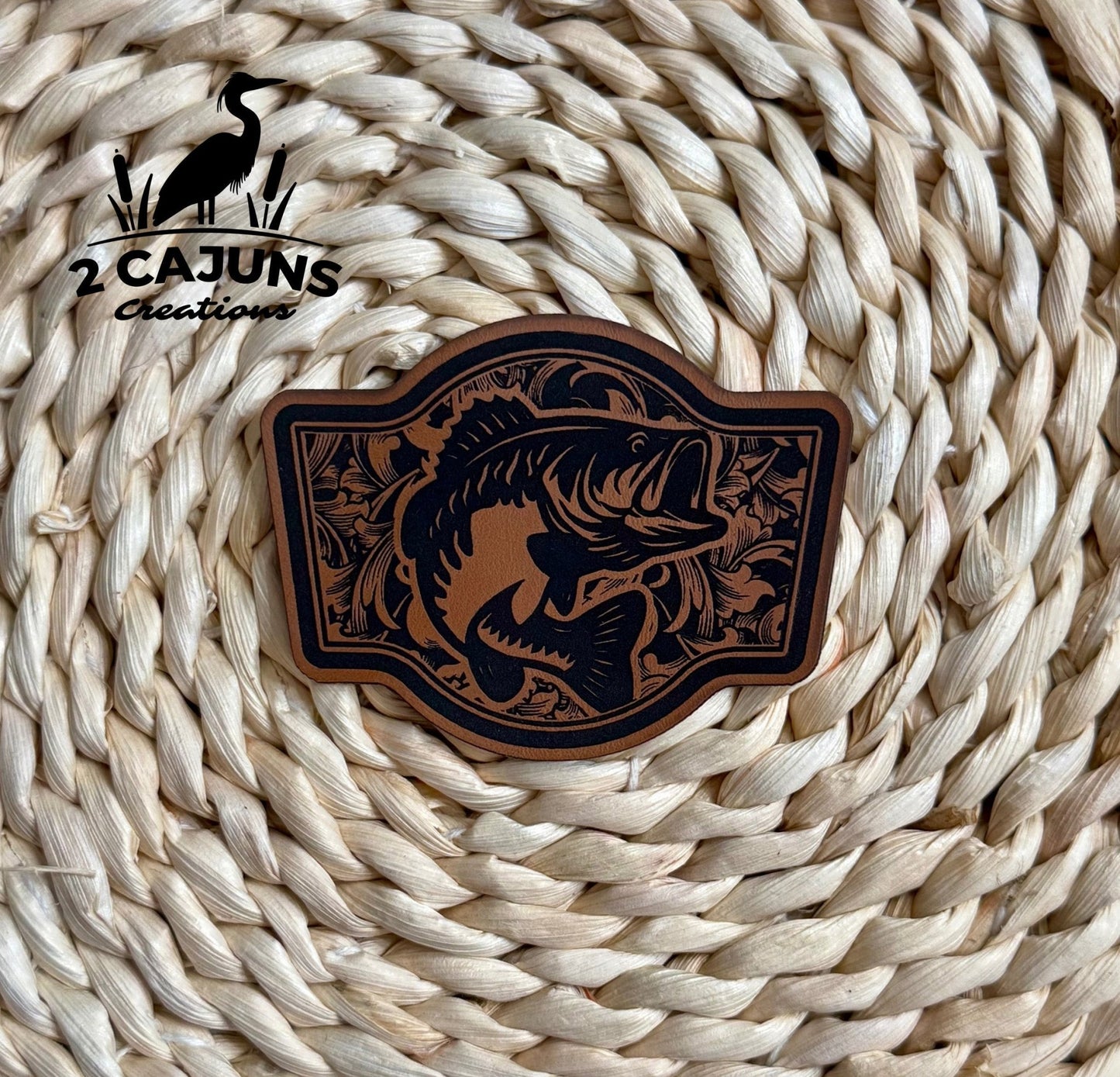 Fish Tooled Pattern Engraved Leatherette Hat Patch - LoneStar Adhesive