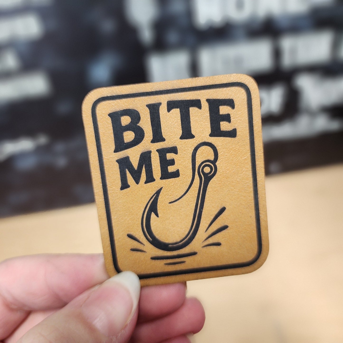 Fishing Hook Bite Me (Saddle Tan) Engraved Leatherette Hat Patch - MR01 - LoneStar Adhesive