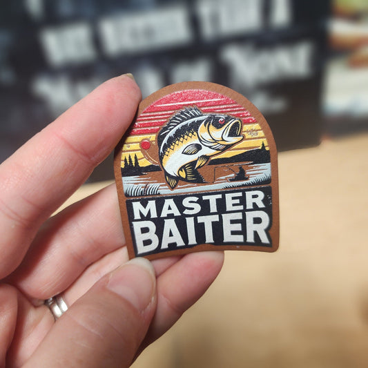 Fishing Humor Master Baiter UV Printed Leatherette Hat Patch - MR01 - LoneStar Adhesive