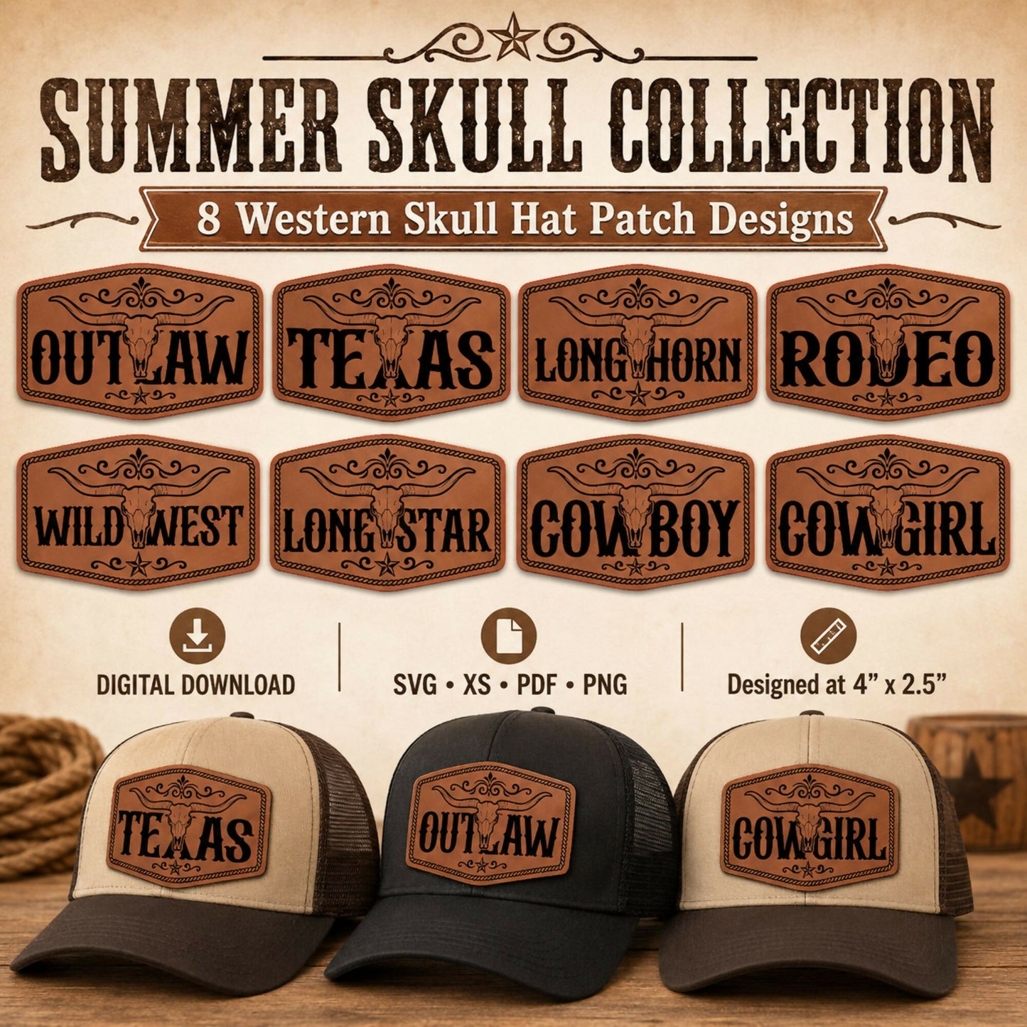 Summer Skull Western Hat Patch SVG Bundle, Longhorn Skull Laser Engraving Files, Cowboy Cowgirl Outlaw Texas XS PDF PNG