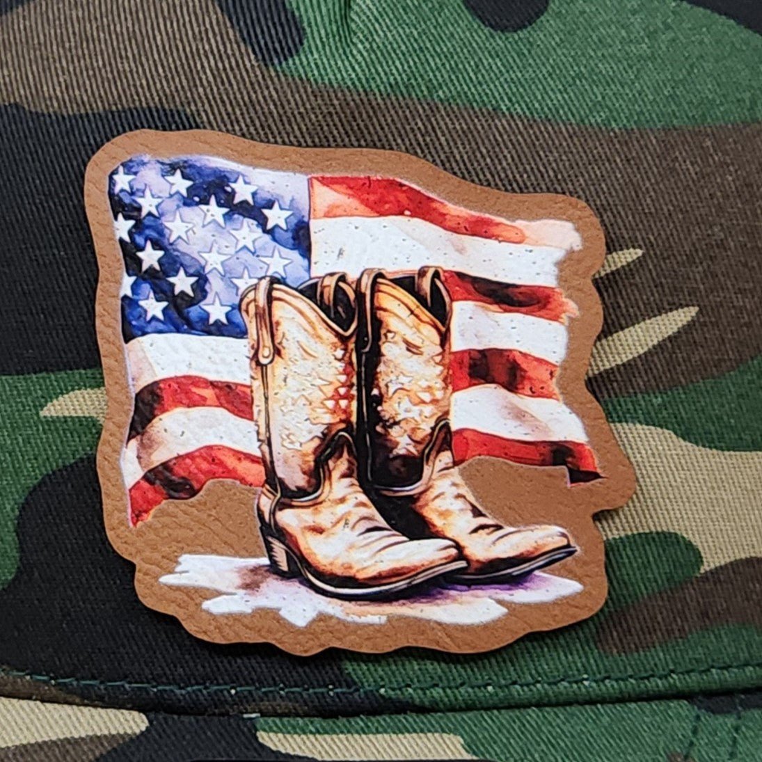 Flag Boots UV Printed Leatherette Hat Patch - MR01 - LoneStar Adhesive