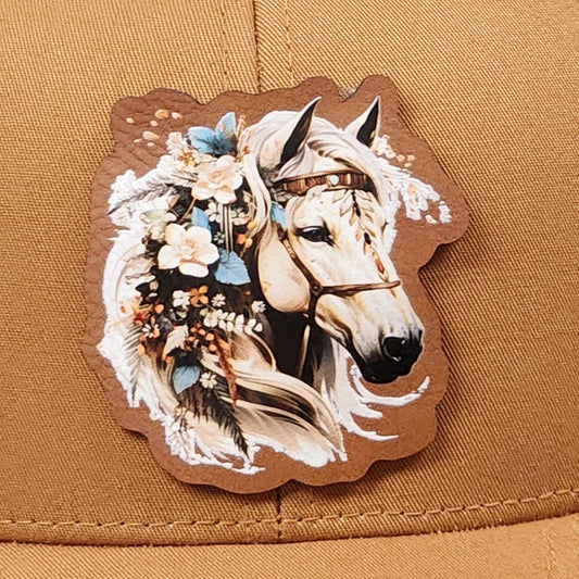 Floral Horse Design Patch UV Printed Leatherette Hat Patch - MR01 - LoneStar Adhesive