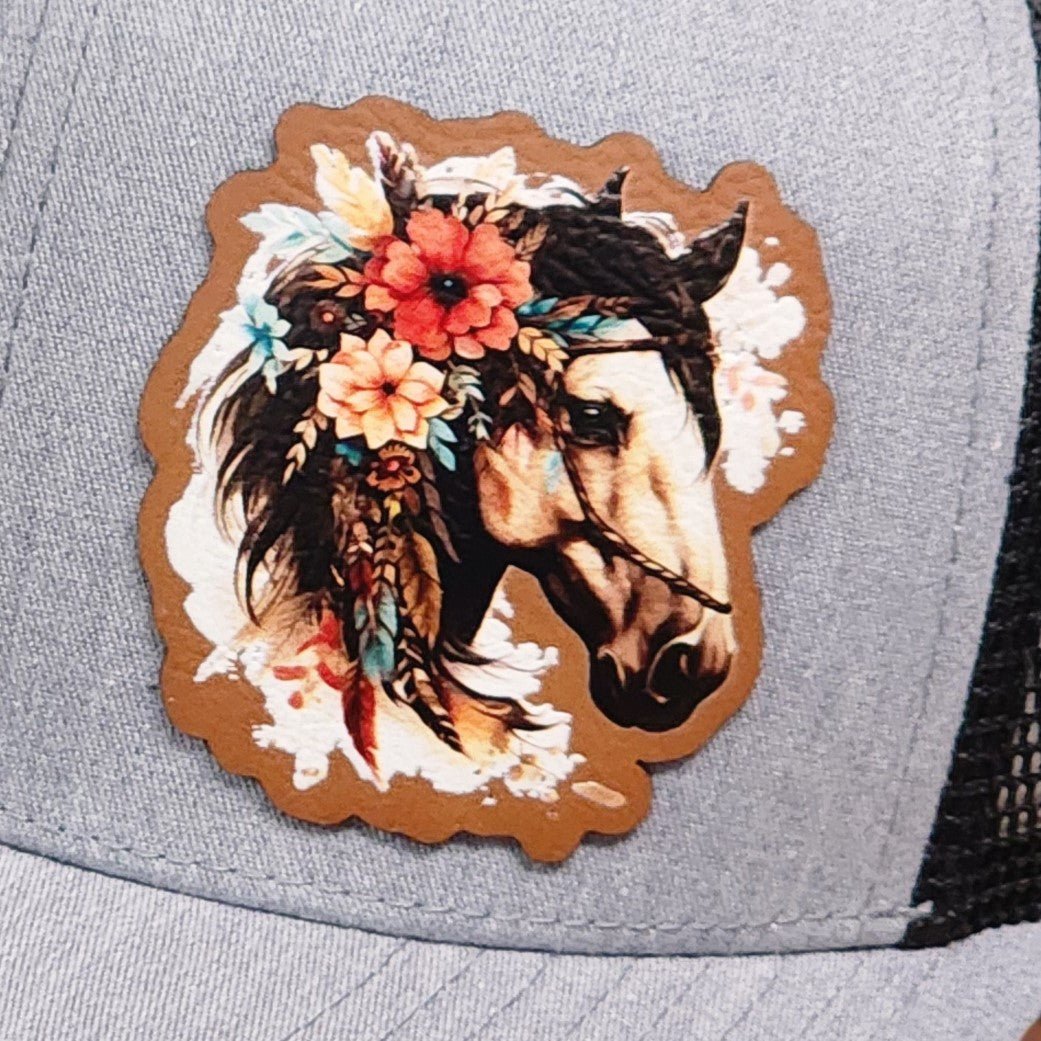 Floral Horse UV Printed Leatherette Hat Patch - MR01 - LoneStar Adhesive